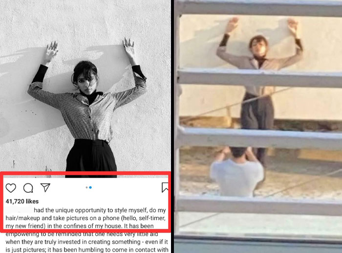 Influencer posing against wall while taking self-timed photos, exemplifying ridiculous influencer behavior called out online