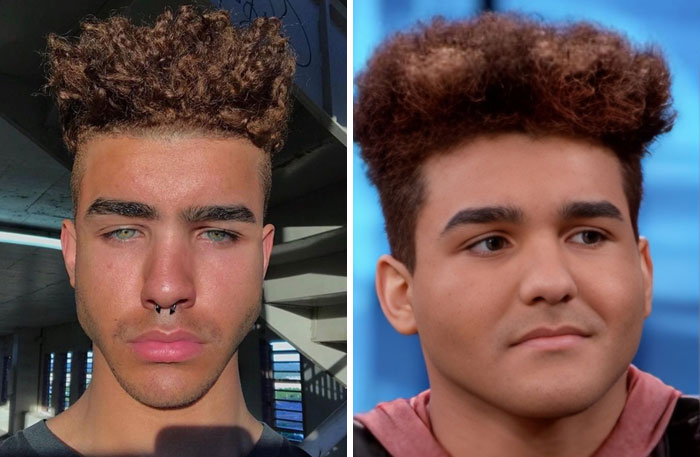 Two young influencers with curly hair in different settings, showcasing contrasting expressions and styles.