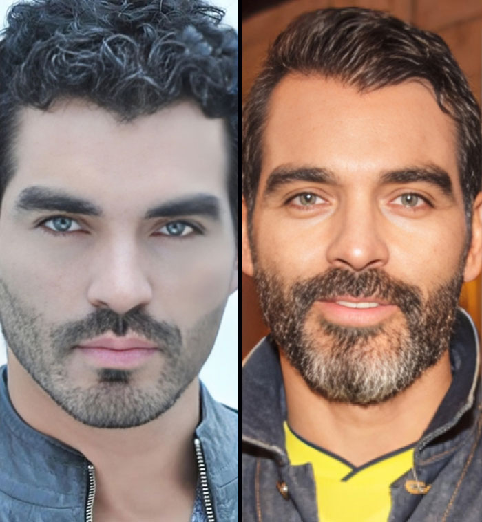 Two male influencers with beards posing for close-up portraits, showcasing different facial expressions and style.