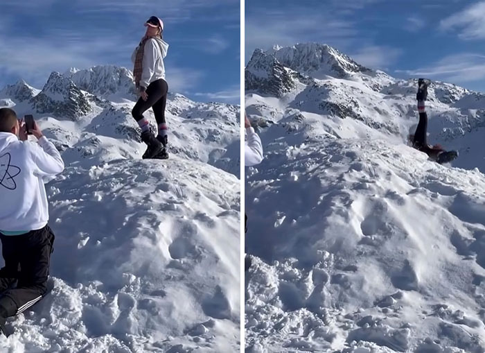 Influencers posing on a snowy mountain, with one influencer falling backwards in a ridiculous moment captured on camera.
