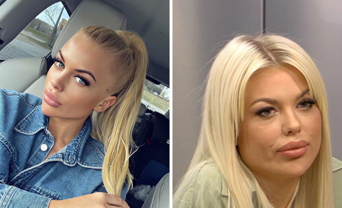 Two blonde influencers posing for selfies, showcasing distinct makeup styles and facial expressions in different settings.