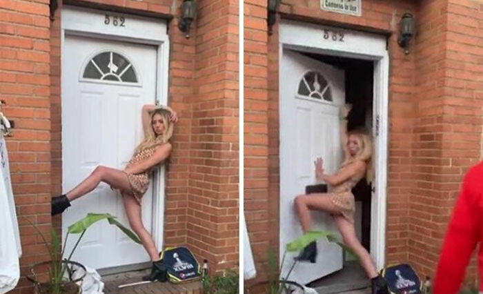 Influencer posing dramatically in front of a white door with brick walls, caught in silly and ridiculous behavior outside a house.