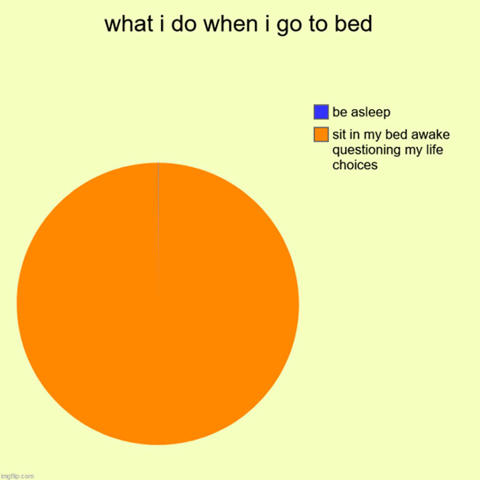 Pie chart showing insomnia meme with most time spent awake in bed questioning life choices and a tiny slice asleep.