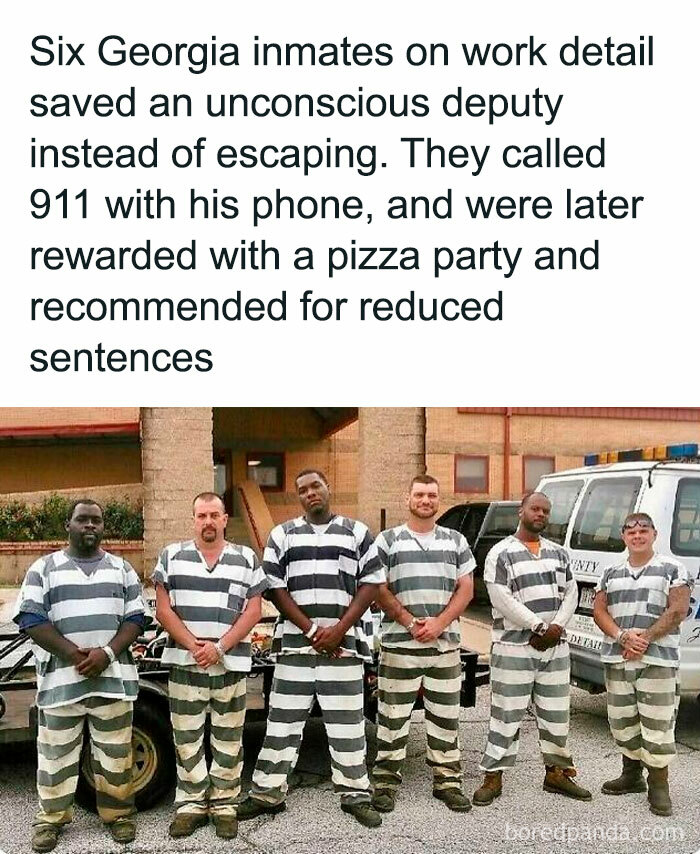 Six inmates in striped uniforms who saved an unconscious deputy, highlighting relatable funny memes about unexpected heroism.