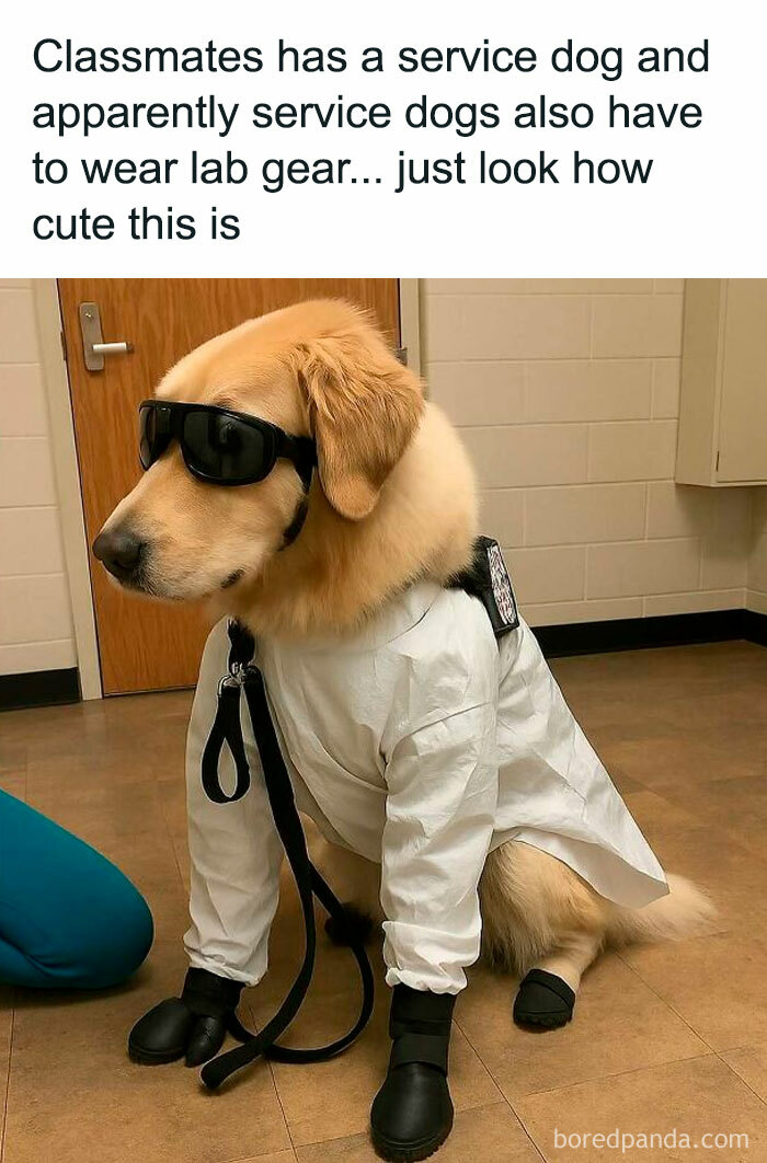 Golden retriever service dog wearing lab gear and sunglasses in a room, showing a funny relatable meme moment.