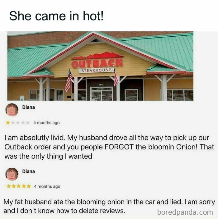 Funny Outback Steakhouse review meme showing a customer upset about a missing blooming onion order.