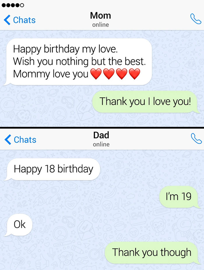Text message exchange showing funny differences between moms and dads in birthday wishes with affectionate versus brief replies.