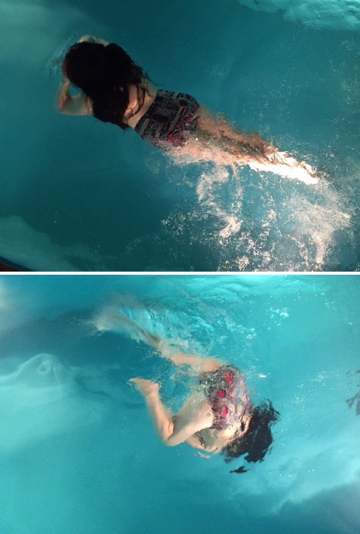 Child swimming underwater in a pool, illustrating funny photos revealing the stark differences between moms and dads.