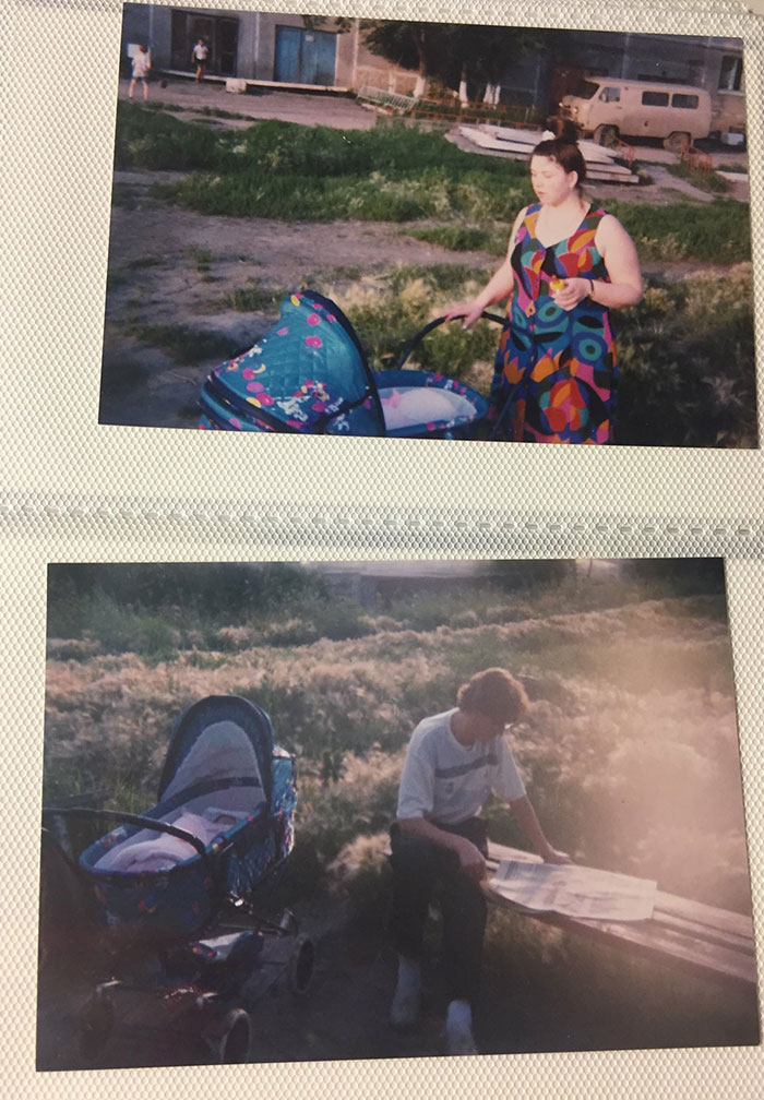 Two photos showing the stark differences between moms and dads with a woman pushing a stroller and a man sitting reading outdoors.