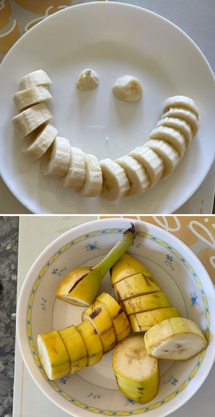 Banana slices arranged as a smiley face on a plate versus chunky chopped banana pieces in a bowl showing parents differences.