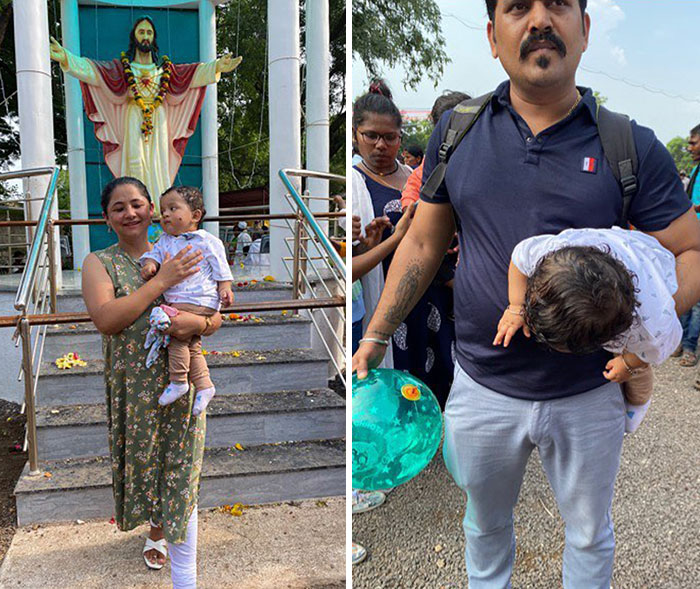 Side-by-side photos showing funny differences between moms and dads holding their toddlers outdoors.