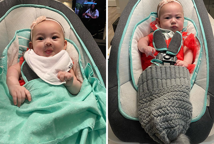 Baby in car seat with a teal blanket and white bib on the left, and the same baby wrapped in a gray knit blanket on the right, showing mom vs dad differences.