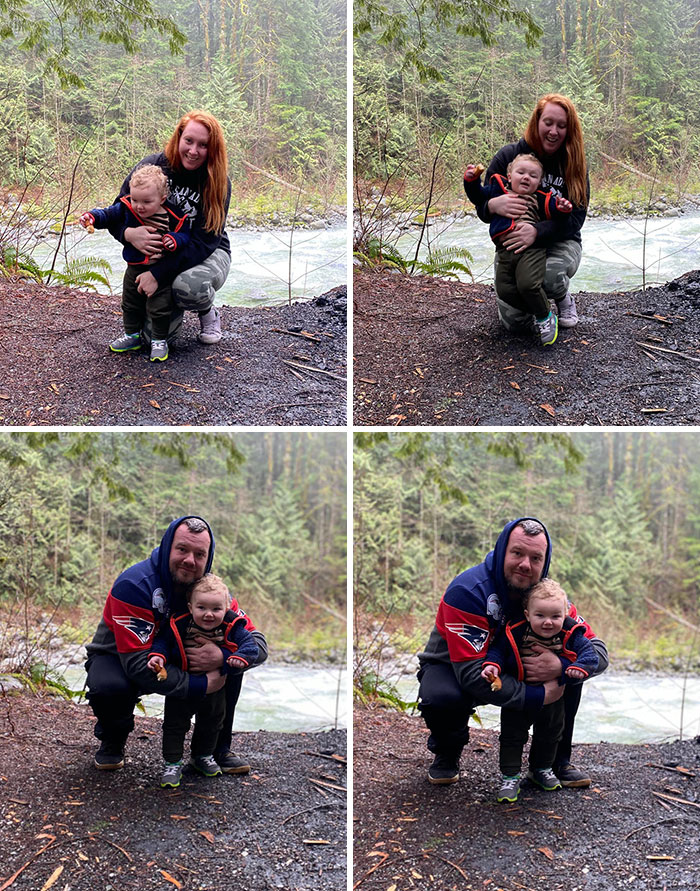 Mom and dad posing with toddler by river in forest showing funny photos revealing differences between moms and dads