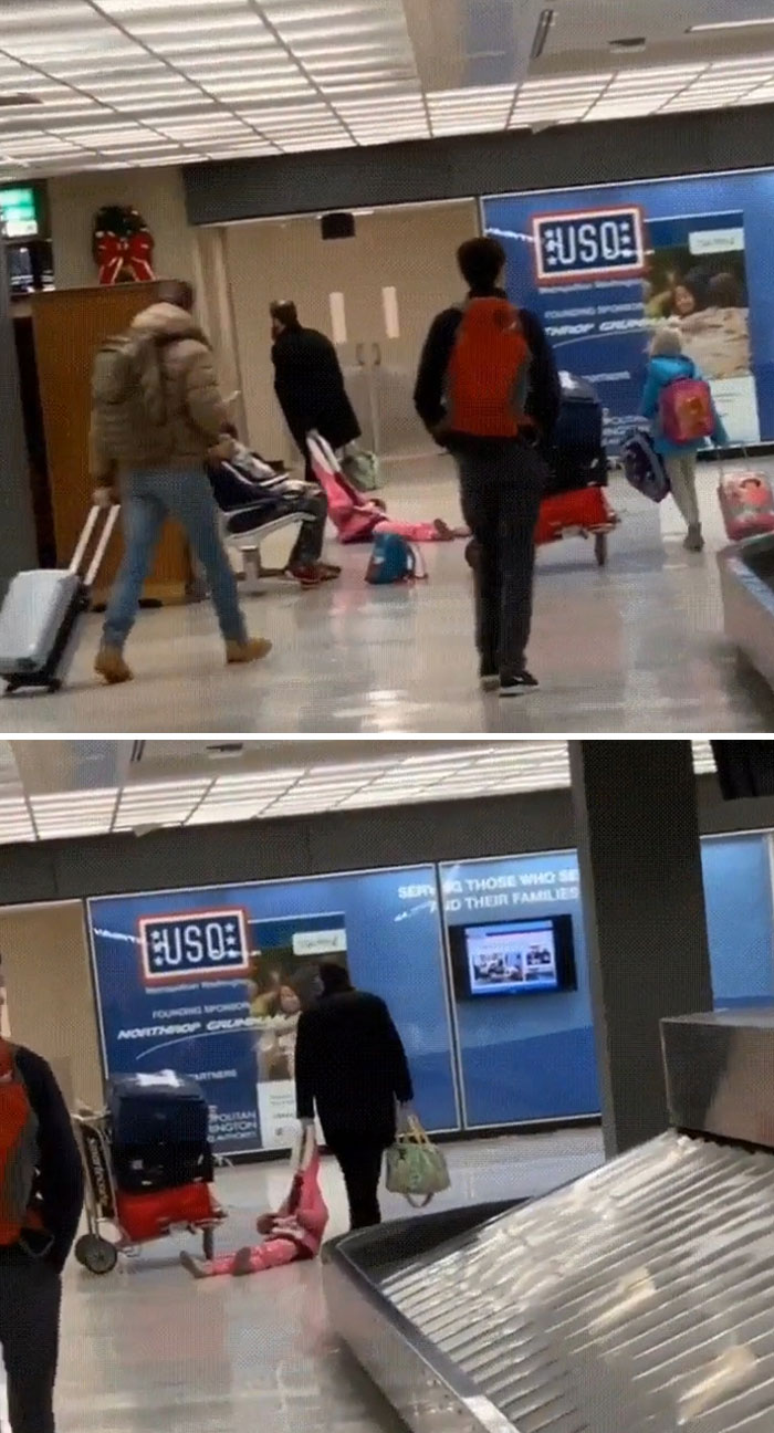 Child being dragged by the arm at airport baggage claim highlighting funny differences between moms and dads behavior.