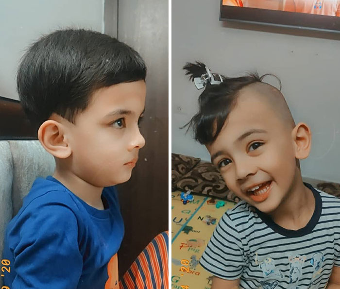 Side-by-side photos of a child showing the stark differences between moms and dads in grooming styles.