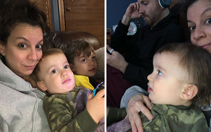 Side-by-side photos showing funny differences between moms and dads with kids in a cozy home setting.
