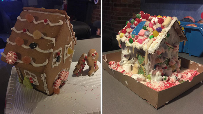 Side-by-side photos of two gingerbread houses showing funny differences between moms and dads holiday decorating styles.