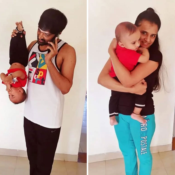 Dad holding baby upside down while talking on phone, mom smiling and holding baby calmly showing differences between moms and dads.