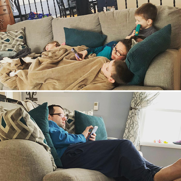 Top image shows a mom cuddling with kids on a couch, bottom image shows a dad relaxing alone, highlighting differences between moms and dads.