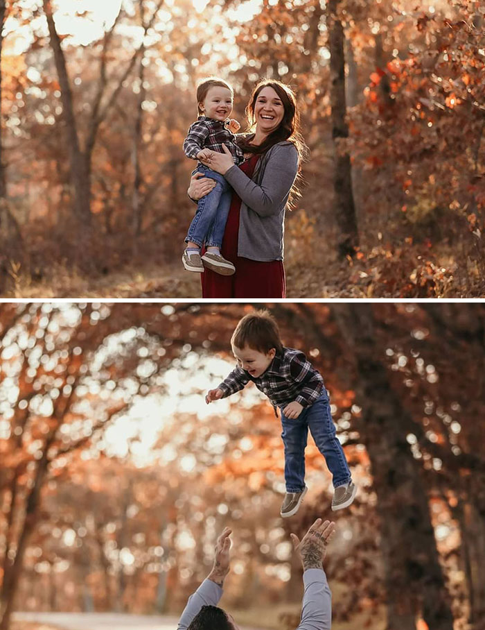 Funny photos showing the differences between moms and dads with a mom holding a child and dad playfully tossing the child in the air