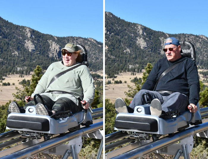 Side-by-side photos of a mom and dad riding mountain coasters, showing funny differences between moms and dads outdoors.