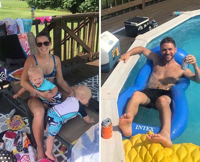 Mom smiling and holding toddlers on a deck, while dad relaxes with a drink in a pool inflatable, showing funny parents differences.