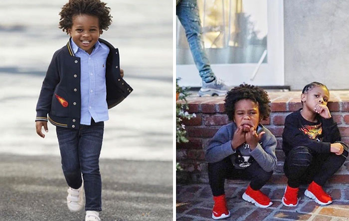 Two kids in casual outfits and bright red sneakers showing playful and relaxed poses illustrating differences between moms and dads.