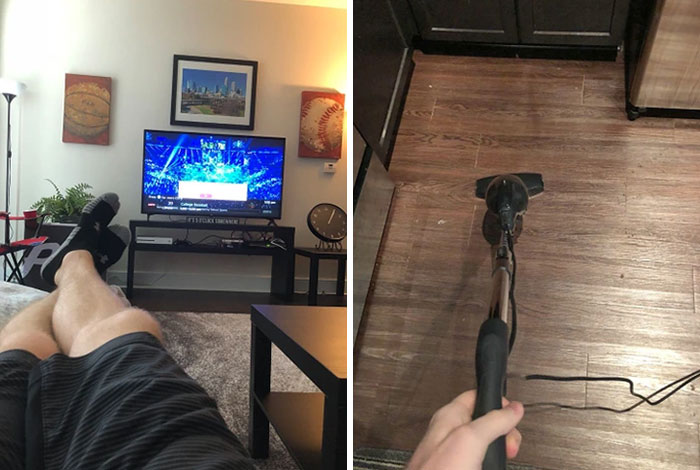 Side-by-side photos showing differences between moms and dads with relaxing and cleaning activities at home.