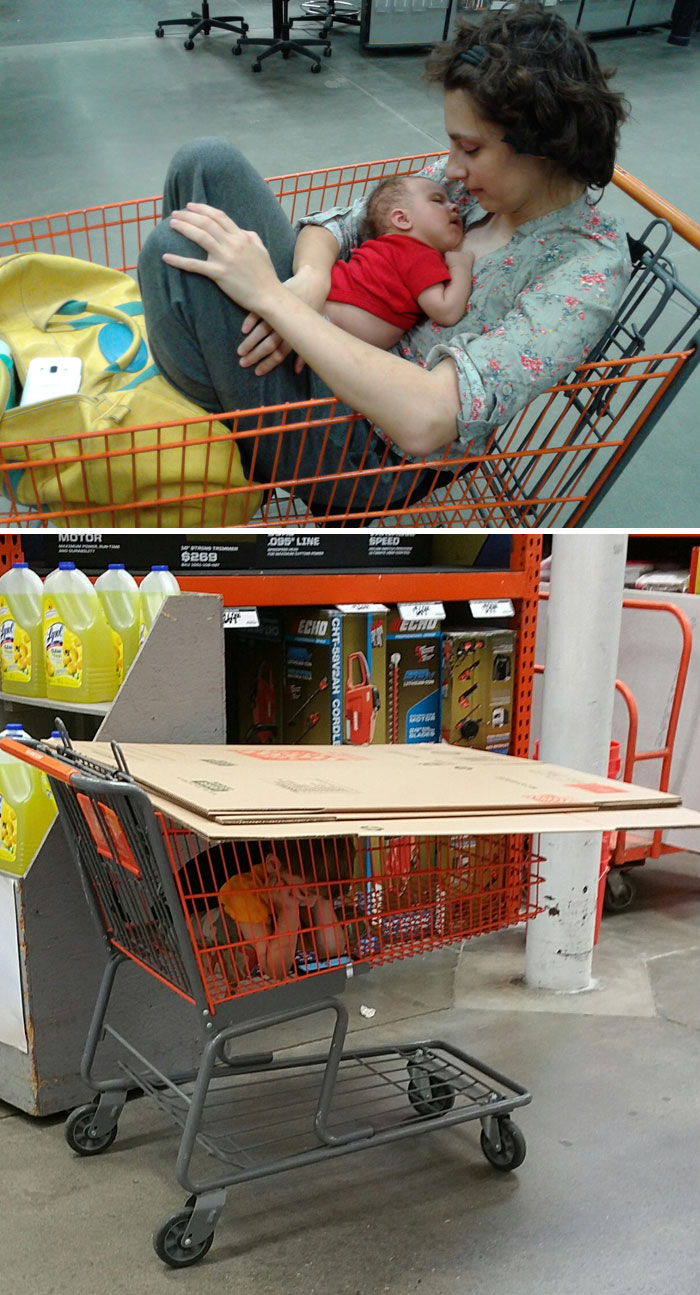 Funny photos showing the stark differences between moms and dads with kids in shopping carts at a store.