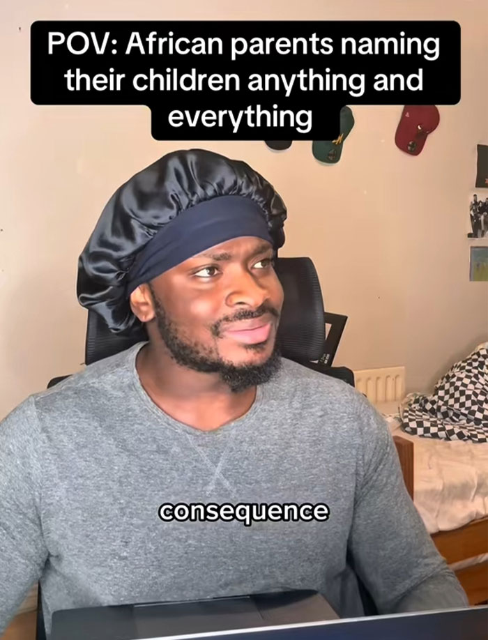 Man wearing a black bonnet and gray shirt reacting to African names people can’t believe are real in a casual room setting. Man wearing a black bonnet and gray shirt reacting to African names people can’t believe are real in a casual room setting.