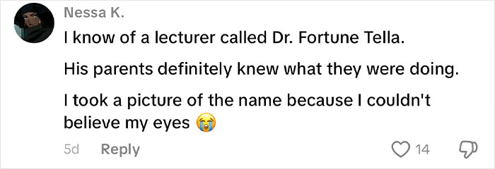 Social media comment about a lecturer named Dr. Fortune Tella, showcasing African names people can’t believe are real. Social media comment about a lecturer named Dr. Fortune Tella, showcasing African names people can’t believe are real.