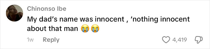 Comment about a man named Innocent with crying emojis, related to African names people find hard to believe are real. Comment about a man named Innocent with crying emojis, related to African names people find hard to believe are real.