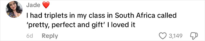 Comment from Jade with a heart emoji sharing about triplets in South Africa named pretty, perfect, and gift, praising the names. Comment from Jade with a heart emoji sharing about triplets in South Africa named pretty, perfect, and gift, praising the names.