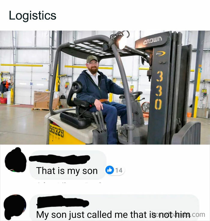 Older people failing at technology, with a man on a forklift and humorous social media comments below.
