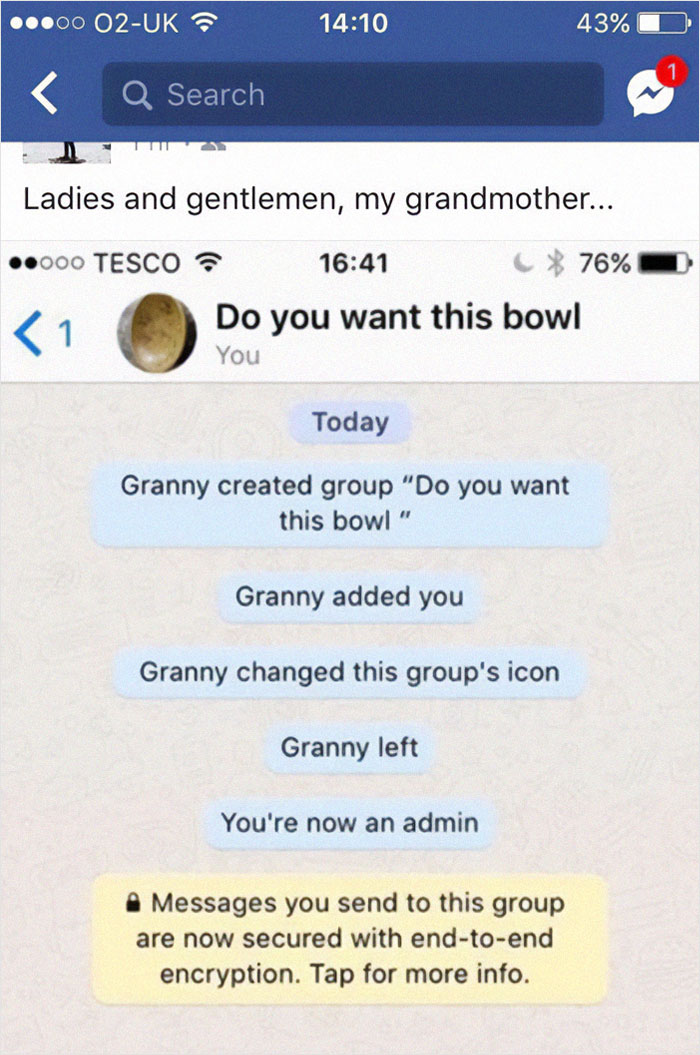 Screenshot of a humorous WhatsApp message showing older people failing at technology with a group chat creation error.