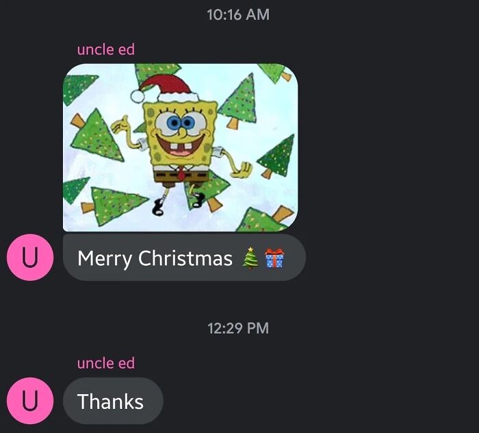 Text message conversation with older person sending a SpongeBob Christmas image, showing older people failing at technology.