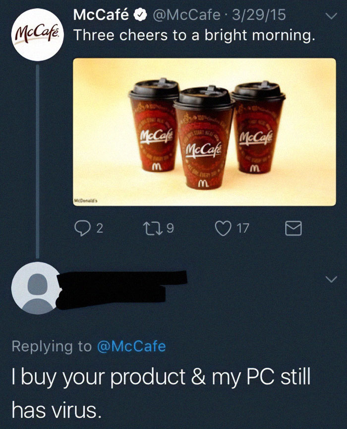 Social media post showing an older user humorously failing at technology with a coffee brand tweet reply.
