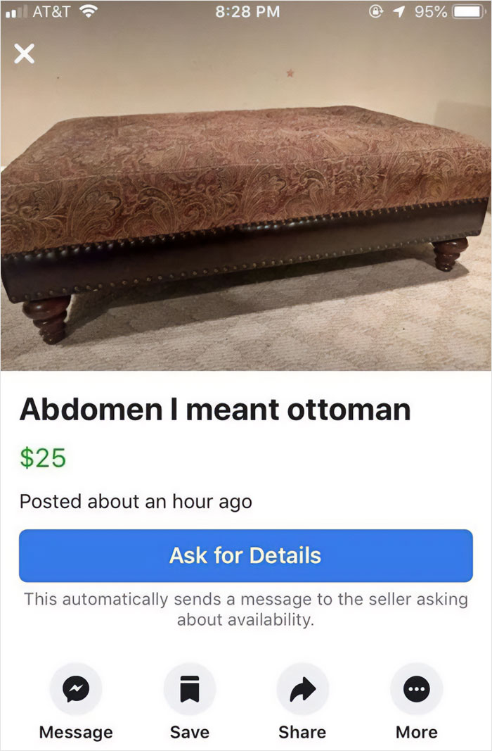 Furniture listing showing a humorous typo by older person failing at technology, calling an ottoman an abdomen for sale.