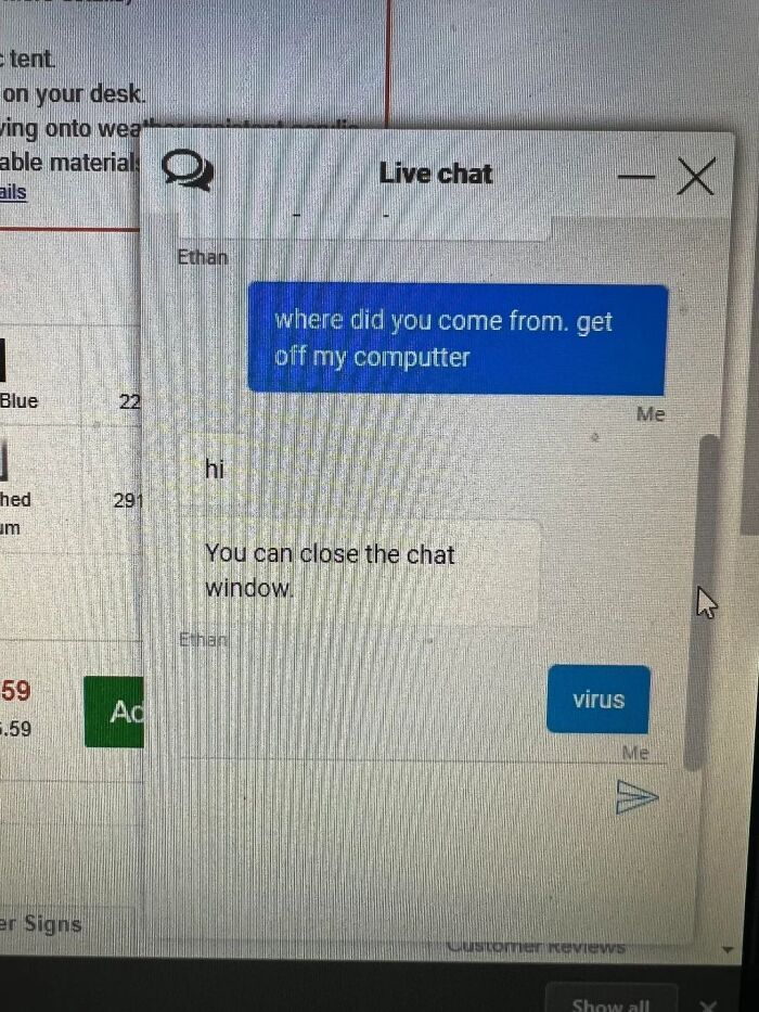 Live chat screen showing humorous older person failing at technology by mistaking chat for a virus message.