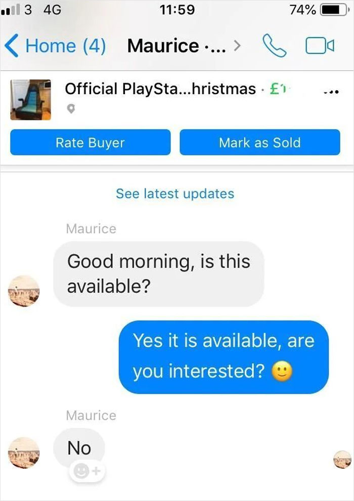 Chat conversation showing older person confusing a buyer-seller exchange on a technology-related item.