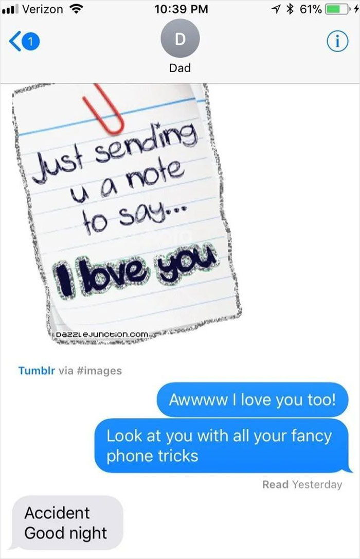 Text message screenshot showing older person failing at technology by sending a photo note with a paperclip attachment.