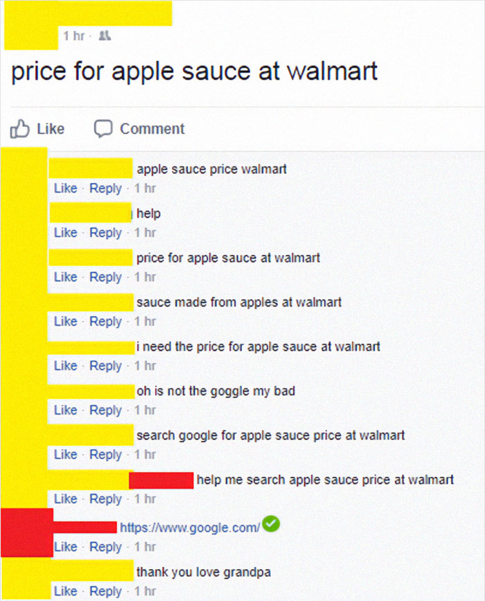 Facebook comments showing older people failing at technology while trying to find apple sauce price at Walmart.