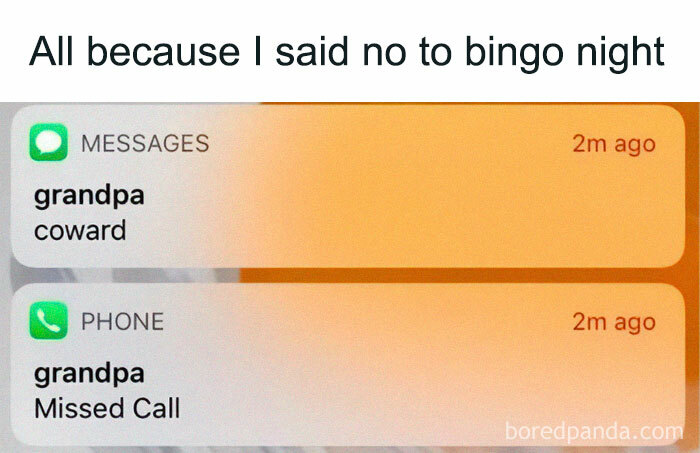 Text message and missed call from grandpa, showcasing older people failing at technology with humorous results.