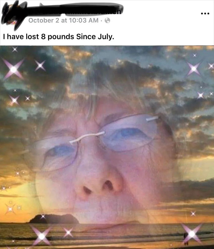 Older person’s humorous tech fail with a dramatic, edited selfie blending face and sunset background.