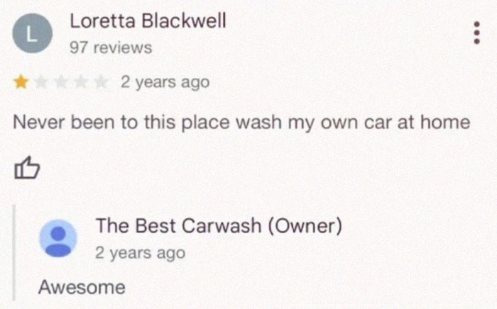 Screenshot of a humorous review showing older people failing at technology with a funny car wash misunderstanding.