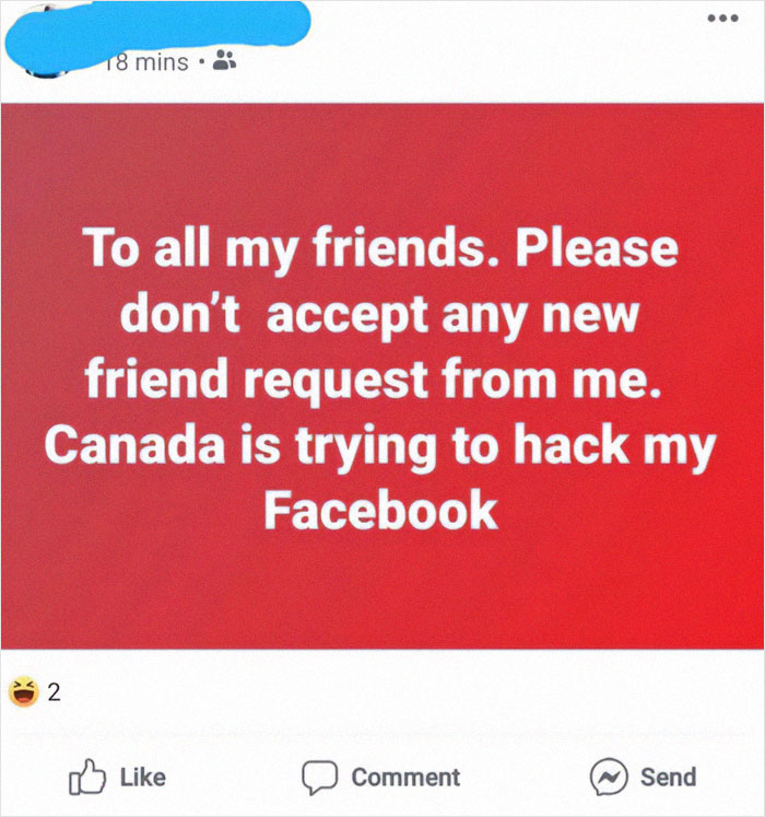 Facebook post with older person humor about failing at technology, warning friends about fake friend requests and hacking attempts.