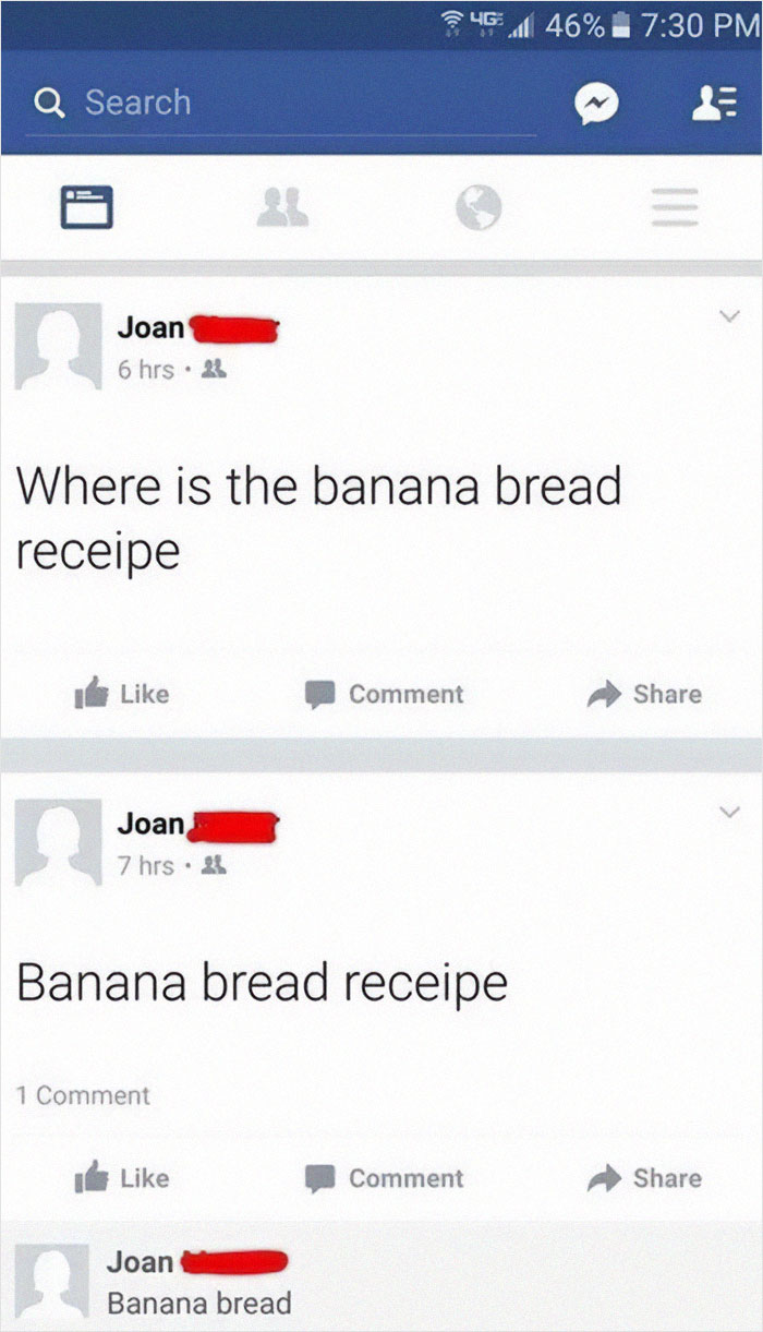 Older person struggling with technology posts repeated requests for banana bread recipe on social media with spelling errors.
