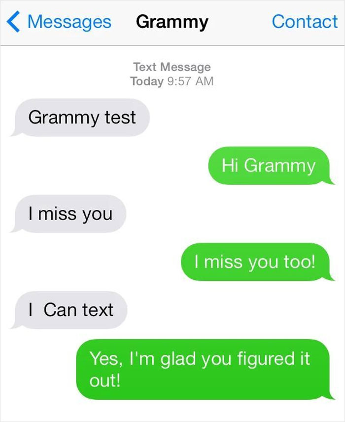 Text message conversation between a grandmother and grandchild showing older people failing at technology but providing comedy.