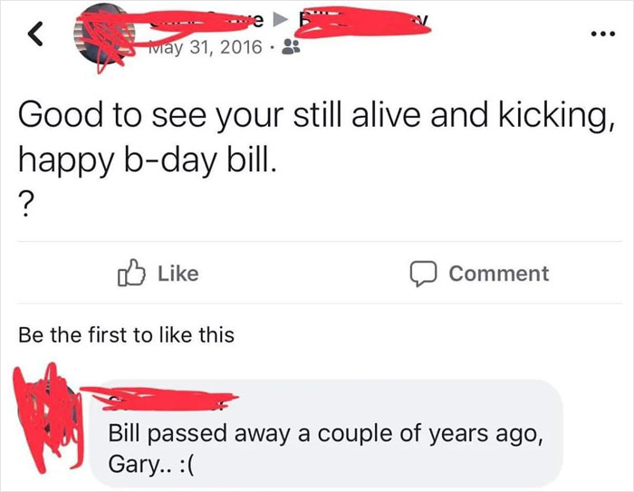 Screenshot of a funny social media fail where an older person mistakenly wishes a deceased friend happy birthday.