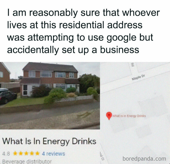 Screenshot of a Google Maps business listing mistakenly created with the name What Is In Energy Drinks, showing a residential address.